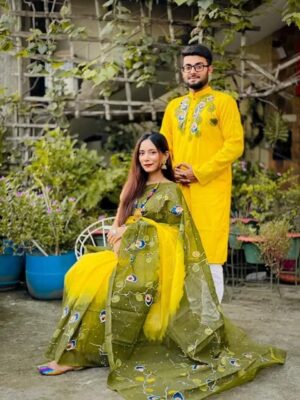 প্রিমিয়াম হ্যান্ড পেইন্টেড হাফসিল্ক শাড়ি এবং ধুপিয়ান কটন পাঞ্জাবি HP-11