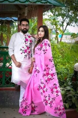 প্রিমিয়াম হ্যান্ডপেইন্টেড হাফসিল্ক শাড়ি এবং ধুপিয়ান কটন পাঞ্জাবি HP-12