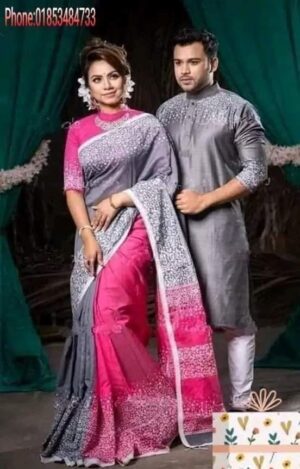 প্রিমিয়াম ব্লক প্রিন্টেড ধুপিয়ান সিল্ক শাড়ি এবং ধুপিয়ান কটন পাঞ্জাবি  BK-16