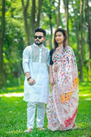 প্রিমিয়াম স্কিন  প্রিন্টেড ধুপিয়ান সিল্ক শাড়ি এবং ধুপিয়ান কটন পাঞ্জাবি Sk-12