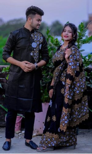 প্রিমিয়াম ব্লক প্রিন্টেড  ধুপিয়ান সিল্ক শাড়ি এবং ধুপিয়ান কটন পাঞ্জাবি BK-11