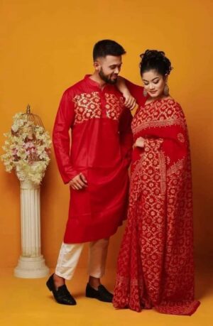 প্রিমিয়াম ব্লক প্রিন্টেড ধুপিয়ান সিল্ক শাড়ি এবং ধুপিয়ান কটন পাঞ্জাবি BK-12