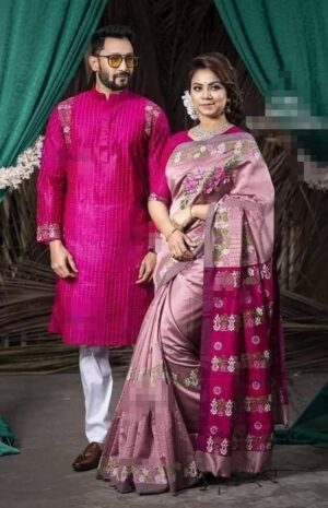 প্রিমিয়াম ব্লক প্রিন্টেড ধুপিয়ান সিল্ক শাড়ি এবং ধুপিয়ান কটন পান্জাবি BK-17