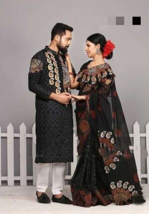 প্রিমিয়াম ব্লক প্রিন্টেড ধুপিয়ান সিল্ক শাড়ি এবং ধুপিয়ান কটন পাঞ্জাবি BK-15