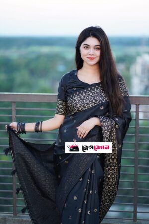 প্রিমিয়াম  জাপানি সিল্ক শাড়ী + ম্যাচিং ব্লাউজ পিস ব্লাক কালার