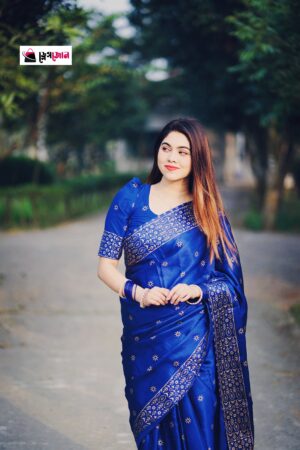 প্রিমিয়াম জাপানি সিল্ক শাড়ী + ম্যাচিং ব্লাউজ পিস (নেভী ব্লু কালার)