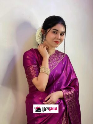 প্রিমিয়াম জাপানি সিল্ক শাড়ী + ম্যাচিং ব্লাউজ পিস (জাম/ম্যাজেন্ডা  কালার)