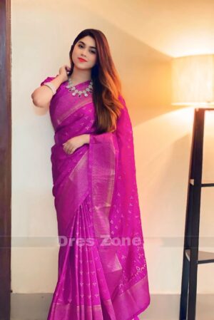 প্রিমিয়াম জাপানি সিল্ক কাঞ্চিপুরাম শাড়ী + ম্যাচিং ব্লাউজ পিচ (জাম/ম্যাজেন্ডা কালার)