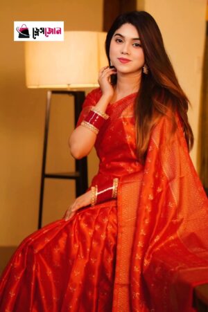 প্রিমিয়াম জাপানি সিল্ক কাঞ্চিপুরাম শাড়ী + ম্যাচিং ব্লাউজ পিচ (রেড কালার)