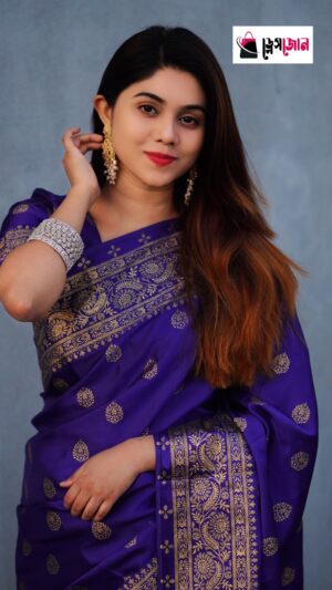 প্রিমিয়াম জাপানি সিল্ক অরিজিনাল বঁধুয়া বেনারসি শাড়ি +মেচিং ব্লাউজ পিস(নেভী ব্লু কালার)