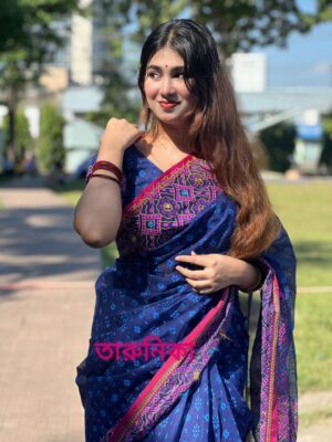 প্রিমিয়াম সুতি এম্বয়ডারী এবং সুতার কাজ করা সাথে ম্যাচিং ব্লাউস পিস EMS-7