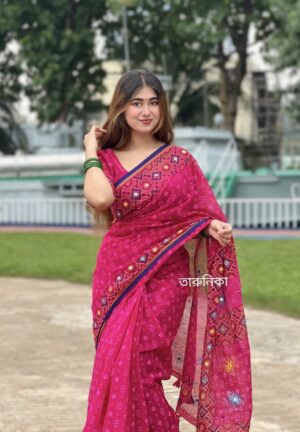 প্রিমিয়াম সুতি এম্বয়ডারী এবং সুতার কাজ করা সাথে ম্যাচিং ব্লাউস পিস EMS-6