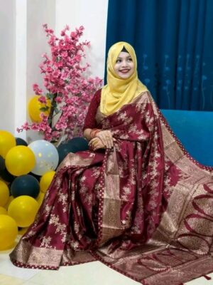 প্রিমিয়াম জাপানি সিল্ক শাড়ী + ম্যাচিং ব্লাউজ পিস মেরুল কালার JPS-18