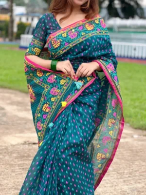 প্রিমিয়াম সুতি এম্বয়ডারী এবং সুতার কাজ করা সাথে ম্যাচিং ব্লাউস পিস EMS-9