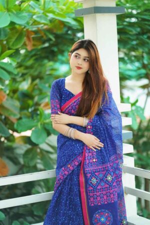 প্রিমিয়াম সুতি এম্বয়ডারী এবং সুতার কাজ করা সাথে ম্যাচিং ব্লাউস পিস EMS-5