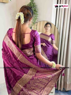 প্রিমিয়াম জাপানি সিল্ক শাড়ী + ম্যাচিং ব্লাউজ পিস জাম /মেজেন্ডা কালার JPS-22