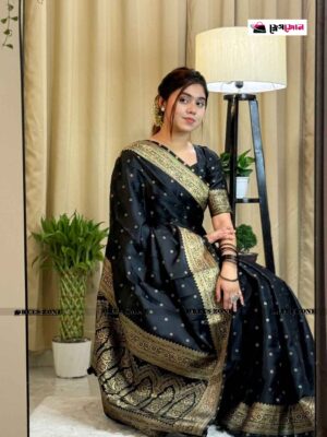 প্রিমিয়াম জাপানি সিল্ক শাড়ী + ম্যাচিং ব্লাউজ পিস ব্লাক কালার JPS-23