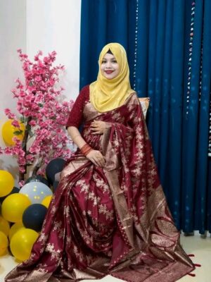 প্রিমিয়াম জাপানি সিল্ক শাড়ী + ম্যাচিং ব্লাউজ পিস মেরুল কালার JPS-15