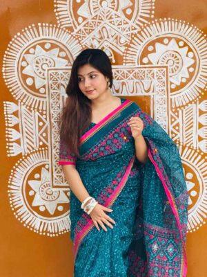 প্রিমিয়াম সুতি এম্বয়ডারী এবং সুতার কাজ করা সাথে ম্যাচিং ব্লাউস পিস EMS-3