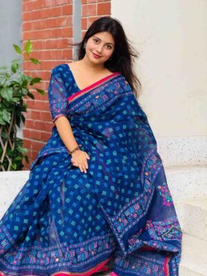 প্রিমিয়াম সুতি এম্বয়ডারী এবং সুতার কাজ করা সাথে ম্যাচিং ব্লাউস পিস EMS-4