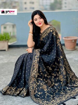 প্রিমিয়াম জাপানি সিল্ক শাড়ী + ম্যাচিং ব্লাউজ পিস (ব্ল্যাক কালার) JPS-32