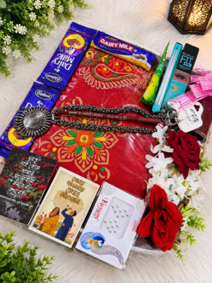 প্রিমিয়াম হাফ সিল্ক এমব্রয়ডারী বুটিক্স শাড়ি রেড কালার কম্ব গিফট প্যাকেজ 20